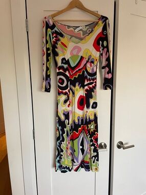 Emilio Pucci Multicolor Abstract V-Neck Long Sleeve Dress